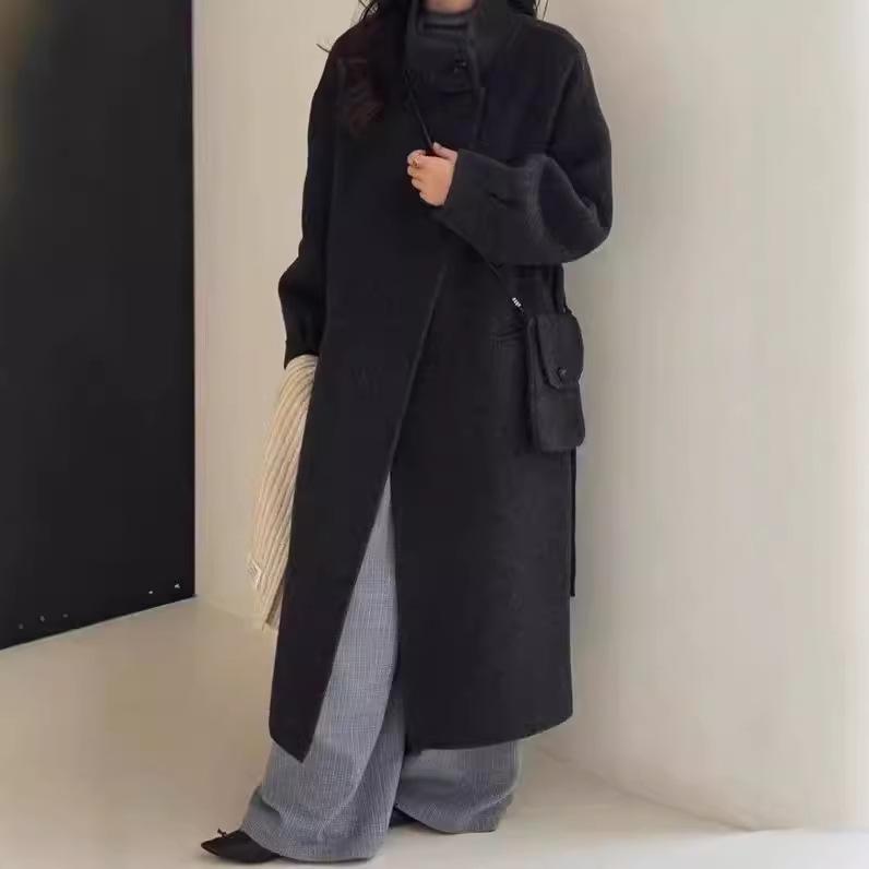 Comes with A Small Cross-body Bag. Designed with A Stand-up Collar and Double-sided Wool Coat. Medium-length and Slimming Woolen Coat for Women.