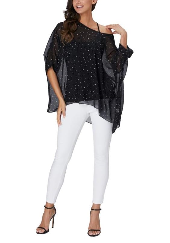 Sara Rose Chiffon Loose Summer Blouse with Sleeves Black Polka Women's Tunic, See-Through 3/4 (Free, Dots)