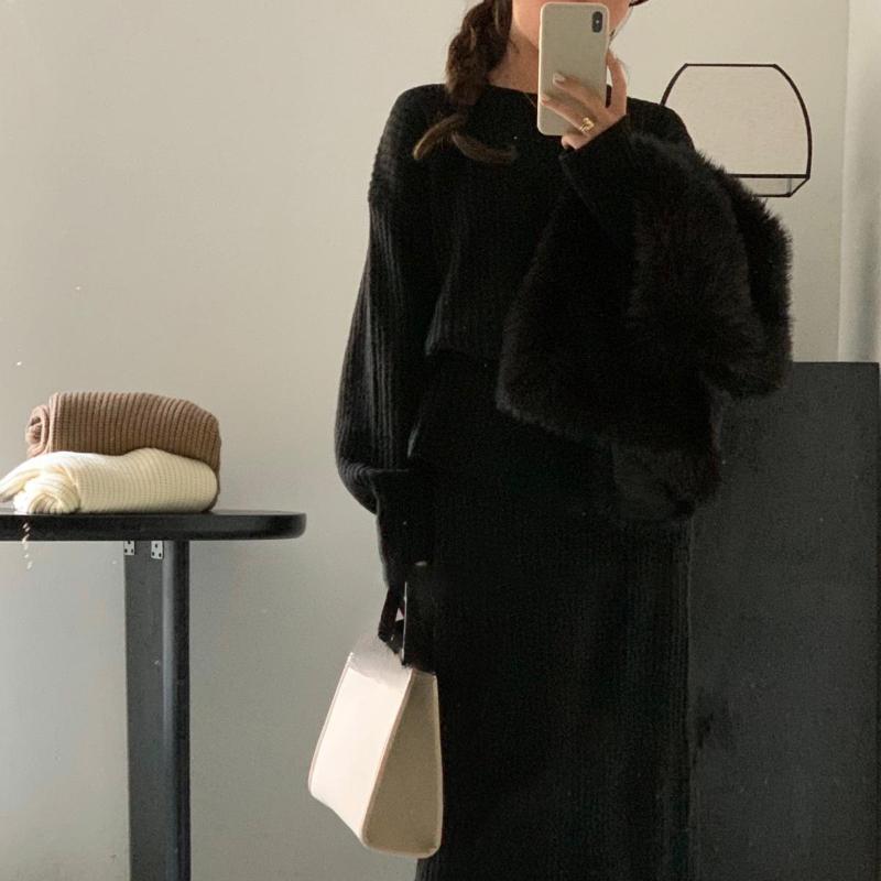 Lazy Loose Crew Neck Sweater Skirt Set Autumn and Winter Versatile Knitted Sweater Two-piece Set