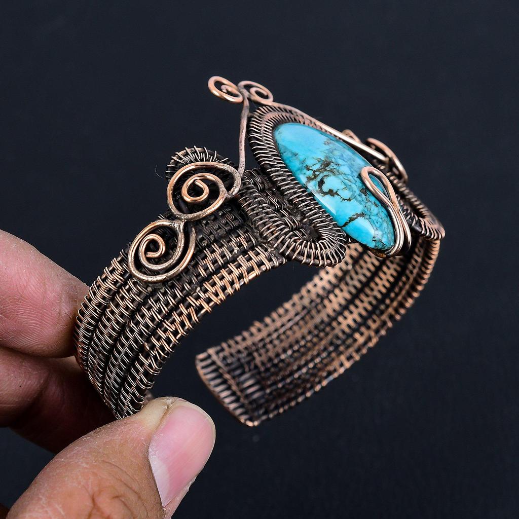 Tibetan Turquoise 999 Copper Wire Wrapped Bangle, Handmade Gemstone Bangle Jewelry, Gifts For Wife Brand New Bangle
