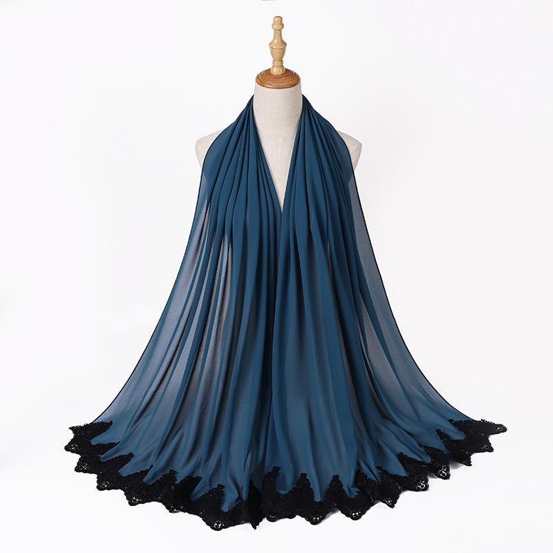 New Pearl Chiffon Malaysia Fashion Black Lace Scarves Muslim Shawl Plain Soft Turban Head Wraps Headband