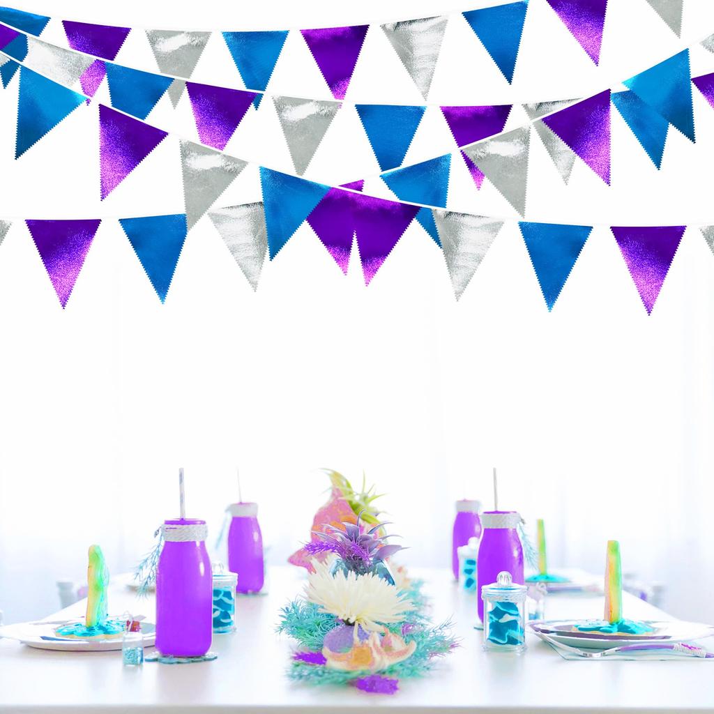 PinkBlume Winter Purple, Silver, and Blue Triangle Flag Fabric Garland Banner Party Decoration, Smooth Bright Colors, Purple, Blue, and Silver Winter