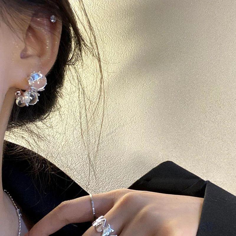 Silver Color Plated Transparent Round Balls Stud Earrings For Women