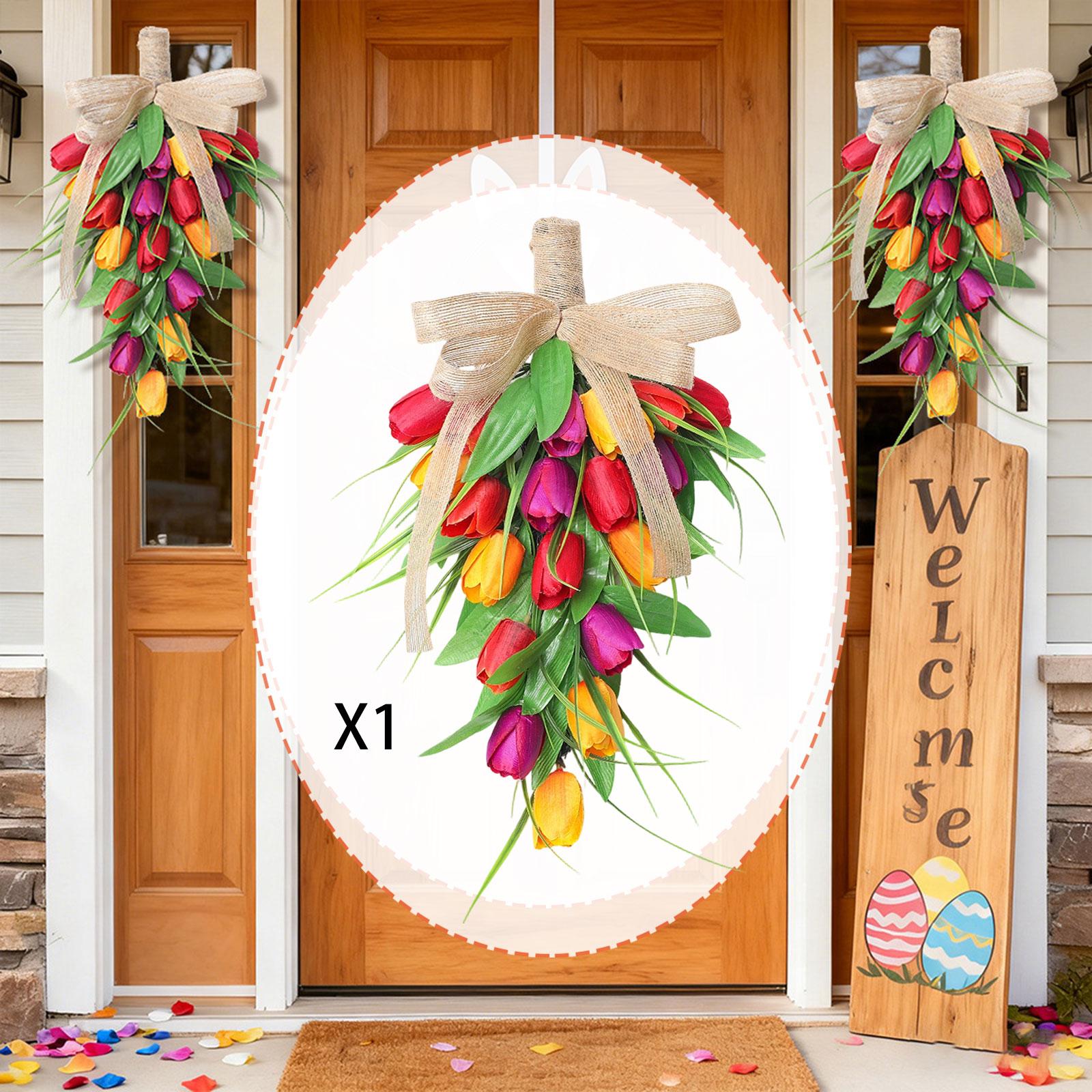 

Spring Tulip Wreath Artificial Flowers Hanging Decor Teardrop Swag with Bowknot for Backyard Garden Door