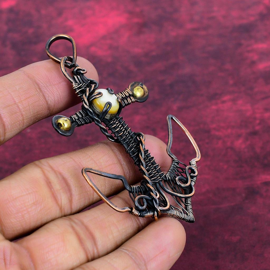 Mother Of Pearl Gemstone Pendant Copper Wire Wrapped Anchor Pendant Handmade Jewelry