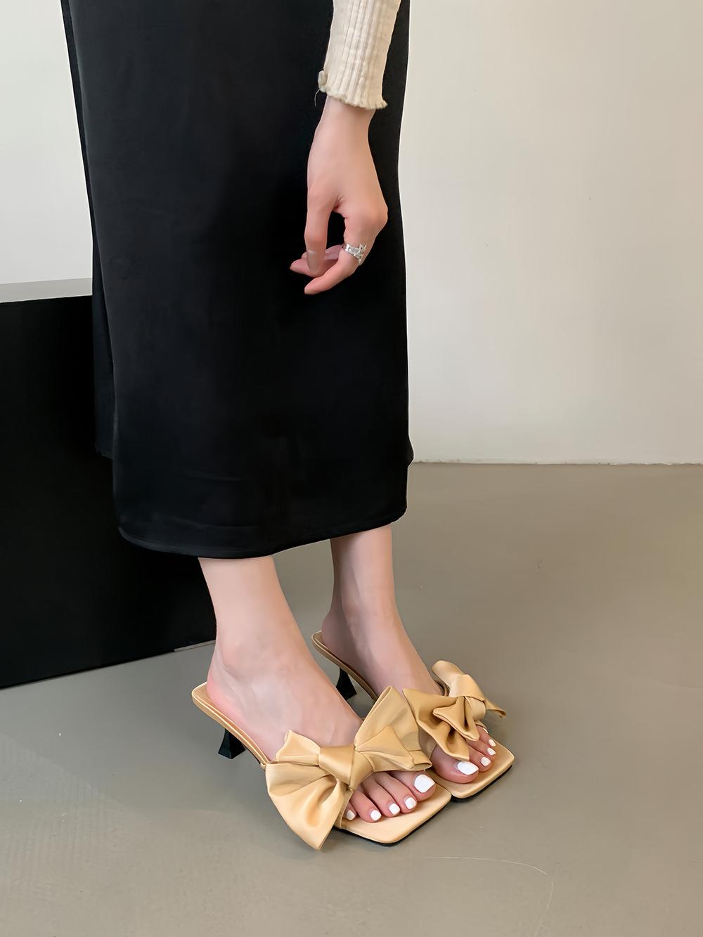 

Bow high heel one-word slippers women s summer wear style new stiletto with skirt high heel sandals tide 39 золотой