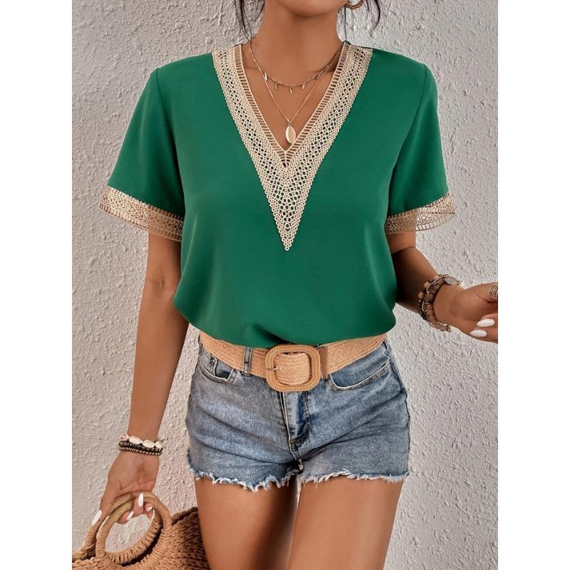 2Wish Women's Collar Lace Loose Top Commuter Short Sleeve Shirt Women's Style
