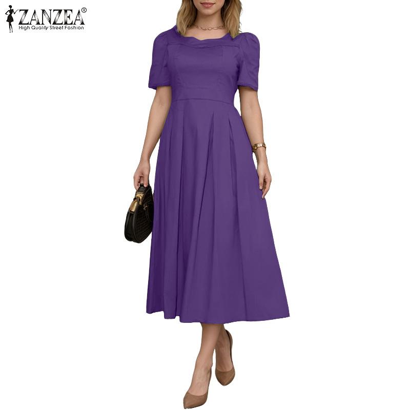 ZANZEA Women Summer Square Collar Casual Short Sleeve Long Dress