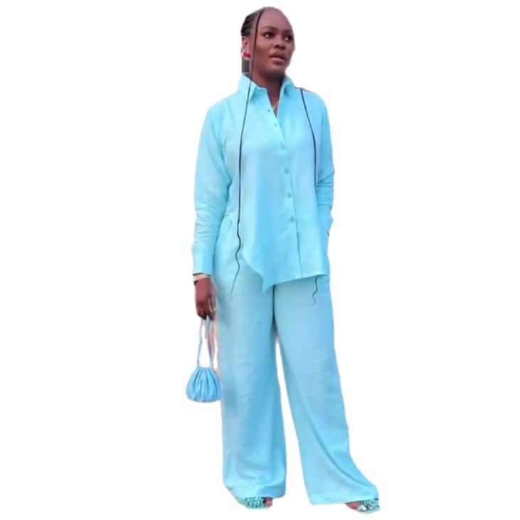 European and American large size casual solid color lapel women's halter shirt African casual loose fashion new two-piece set trendy