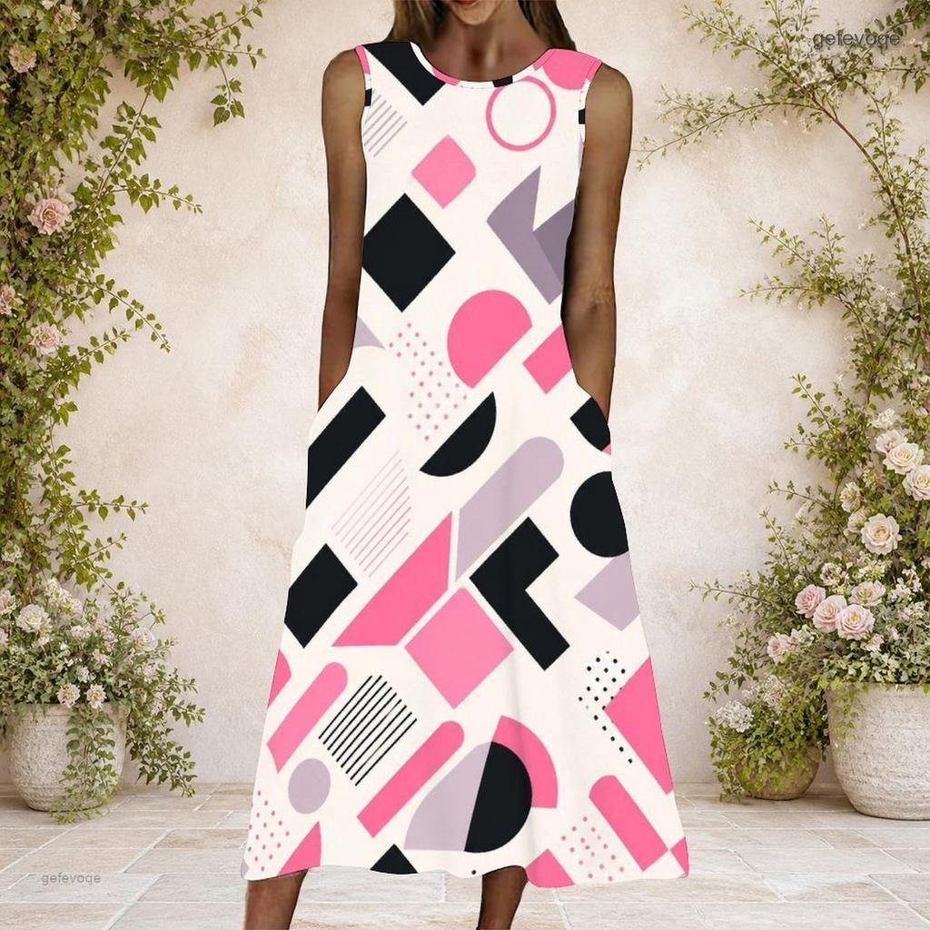 Women Plus Size Round Neck Sleeveless Geometric Printed A Line Long Dress With Side Pockets