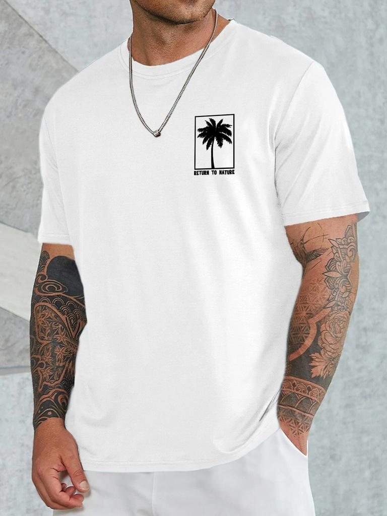 Unisex Summer Cotton Short Sleeve T Shirt Small Chest Palm Tree Return To Nature Square Print Crew Neck Casual Male Tee
