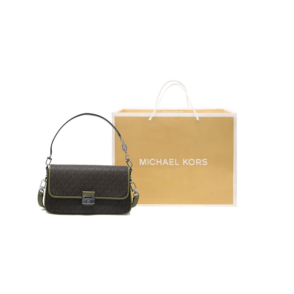 Michael Kors MK Bradshaw Woven Flap Vintage Chain Print Faux Leather Baguette Bag Women shoulder bag Olive-Green Brown 30S1S2BL1B390