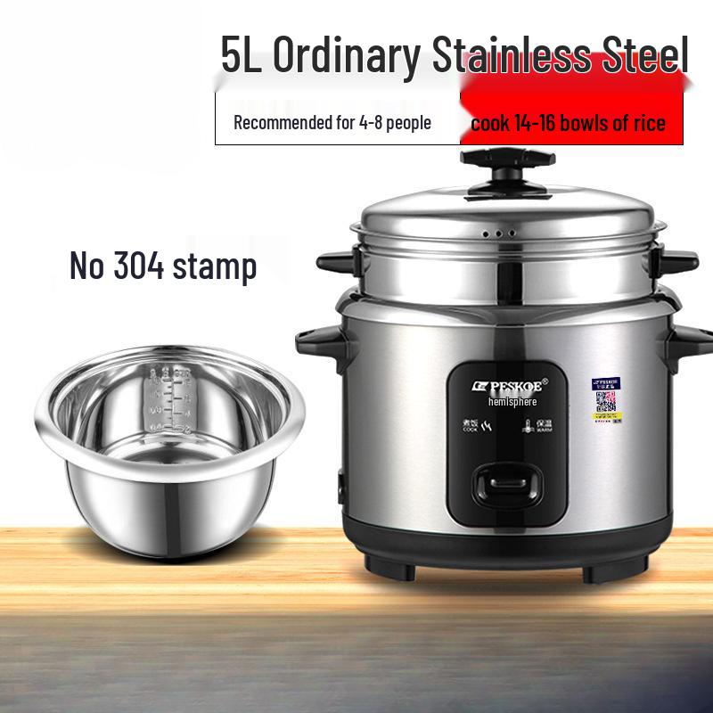 316 Stainless Steel Electric Rice Cooker, 5L Capacity, Ideal for 1-6 People - Cooks Porridge, Soup, and More