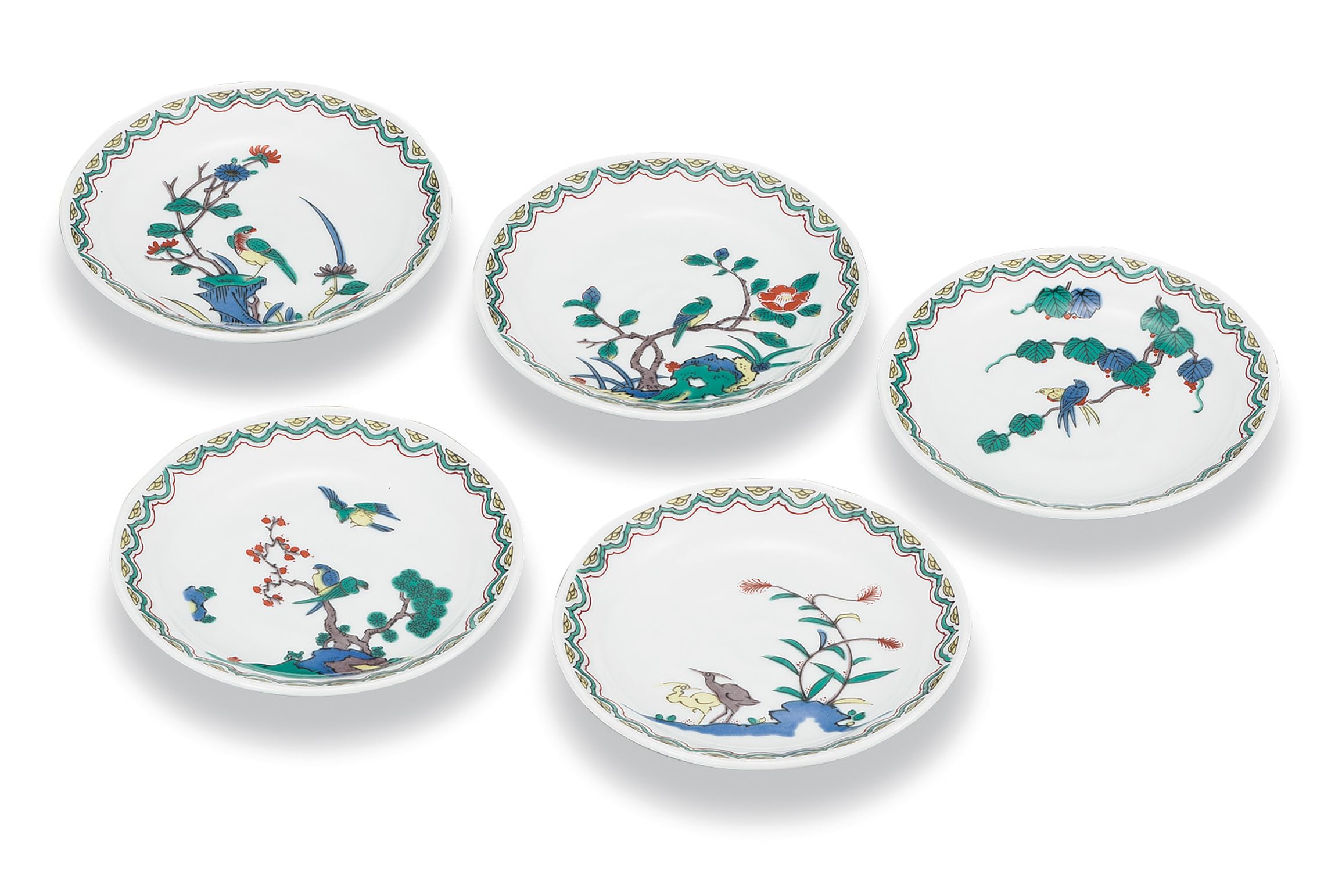 

Marusan Miyamoto Kutani Ware 4.6-inch Plate Set, Old Kutani Style Flower and Bird Design, AP7-0110