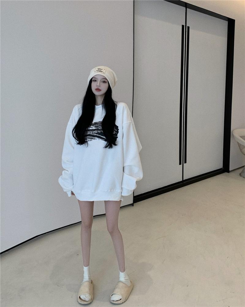 

Женская флисовая толстовка с круглым вырезом на осень-зиму с буквенным принтом, свободная повседневная толстовка с капюшоном большого размера 2XL