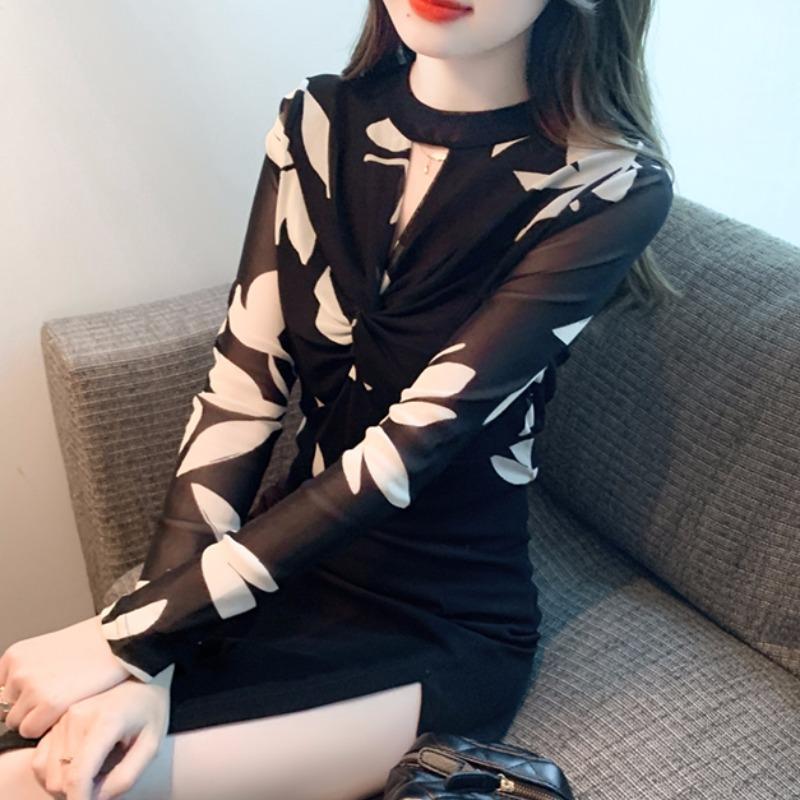 Printed Mesh Base Shirt for Women In Autumn New Fashionable Inner Wear Plush Thickened Warm T-shirt Top