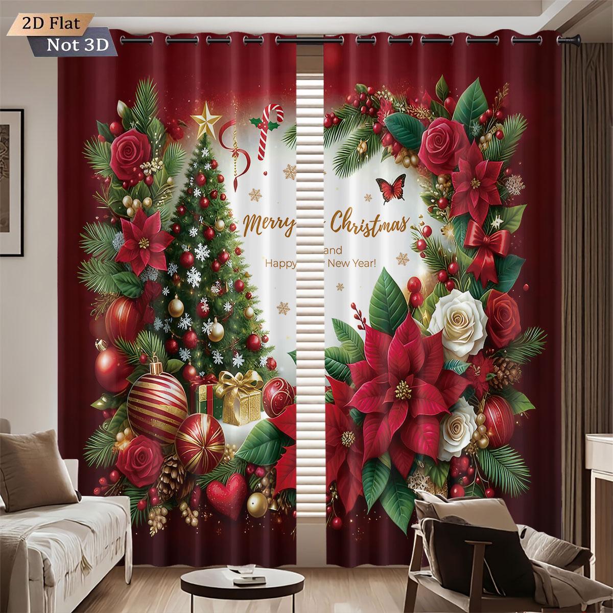 

2pcs Christmas tree color ring print blackout curtain with insulation multi size living room holiday decoration machine washable 100*130 HOOK 1pcs