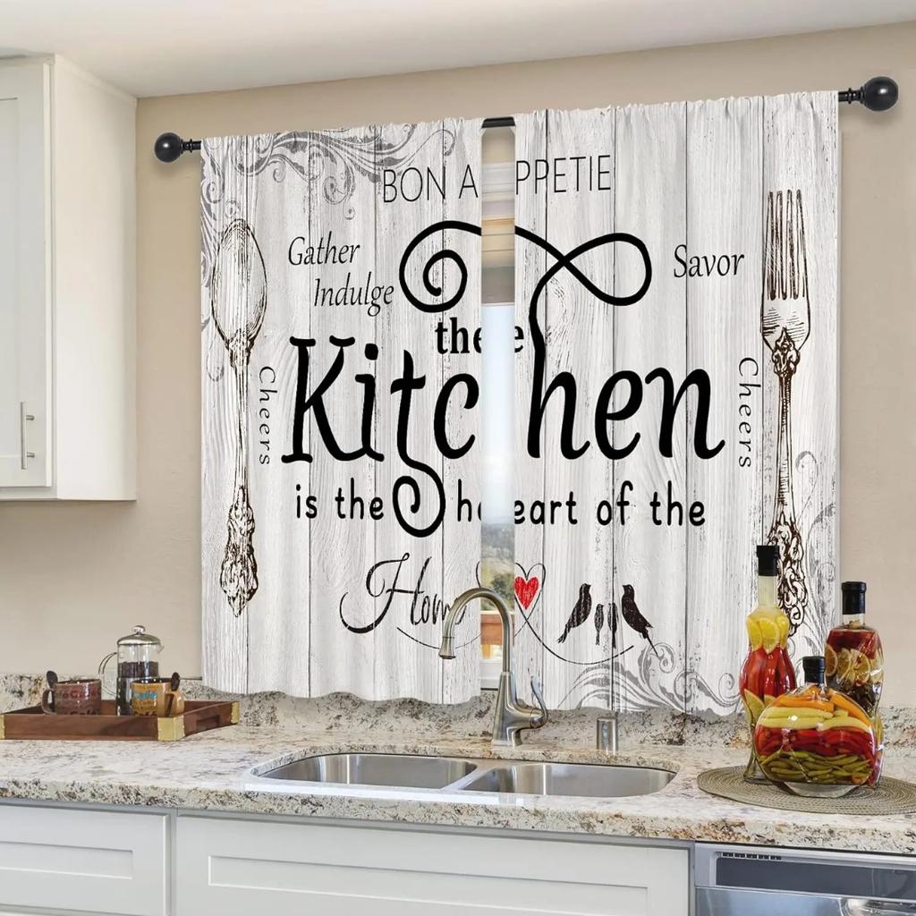 Retro Creative Print Curtain Kitchen Dining Room Living Decoration Set Of 2 Made Polyester With Rod Pocket Washable Sitting Ready