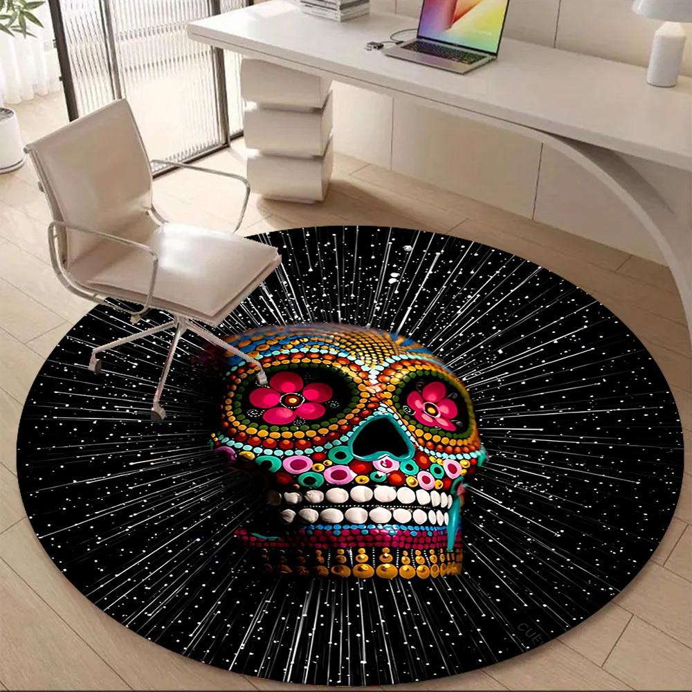 1PC Sugar Skull, Day of the Dead Office Round Area Rug, Mat Suitable ForOffice, Under Office Chairs Bedroom Living Room Home Decor, Room Deco