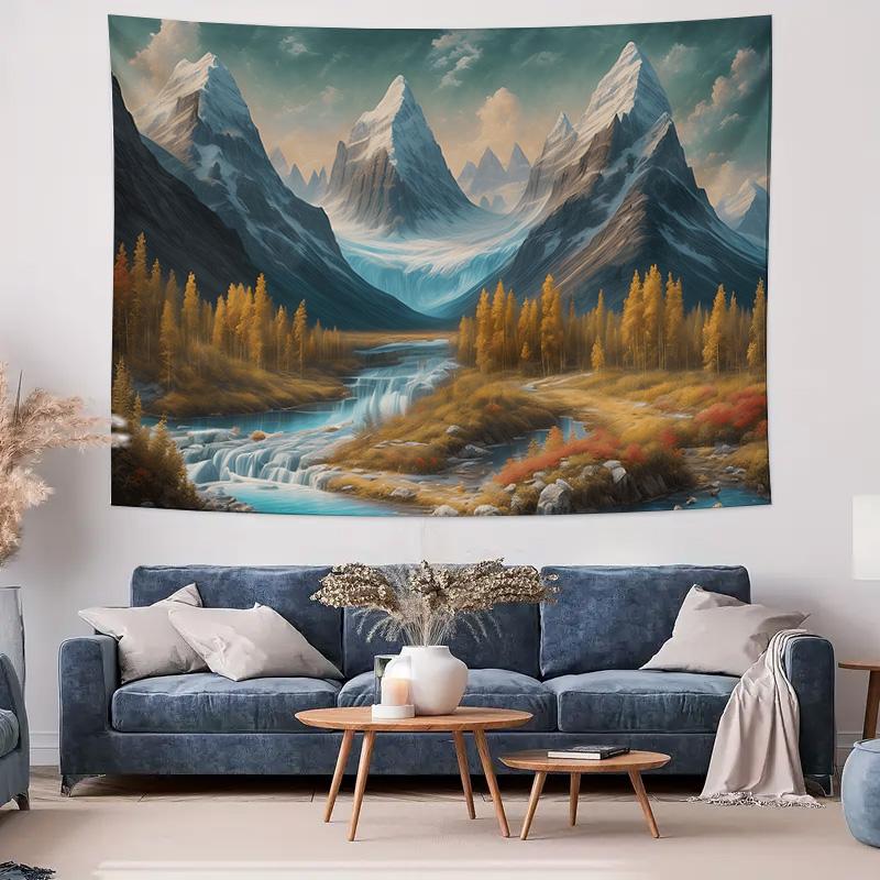 Mountain River Forest Landscape Wall Tapestry Machine Washable All Season Decor Art Print Nature Design Home Easy to clean