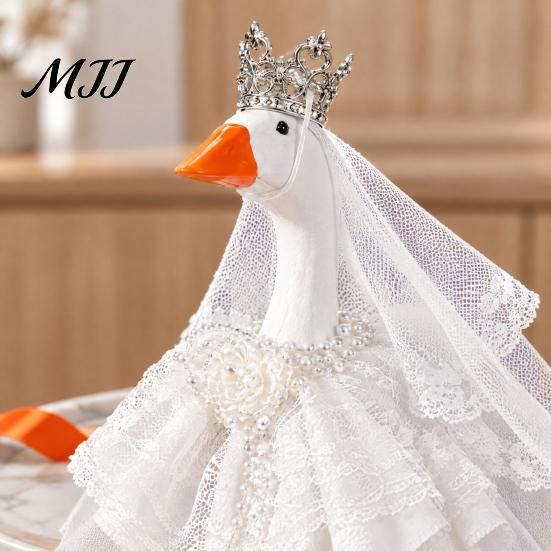 Lace Mesh Bridal Set for Goose 7 Inch Mini Wedding Outfit, Tulle Dress with Crown, Ornament Veil & Pearl Bracelet, Cute Figurine Costume Tabletop