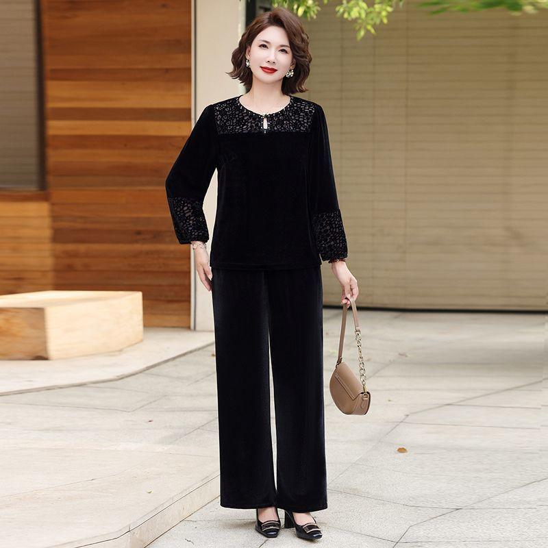 2pcs Pants Suit Autumn Women's Loose Plus-size Velvet Blouse High-waist Velvet Pants Two-piece Set