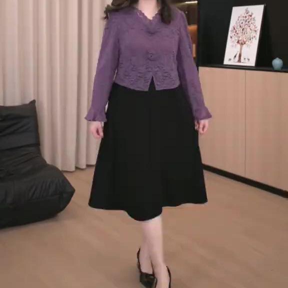 

Spring Plus Size Lace Long Sleeve Dress for Mature Women L (100-120 jin) фиолетовый