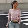 Neues gestreiftes Rundhals-Langarm-Crop-Top für Damen, Y2K schmale Taille sexy lässiges Oberteil für den grenzüberschreitenden Handel