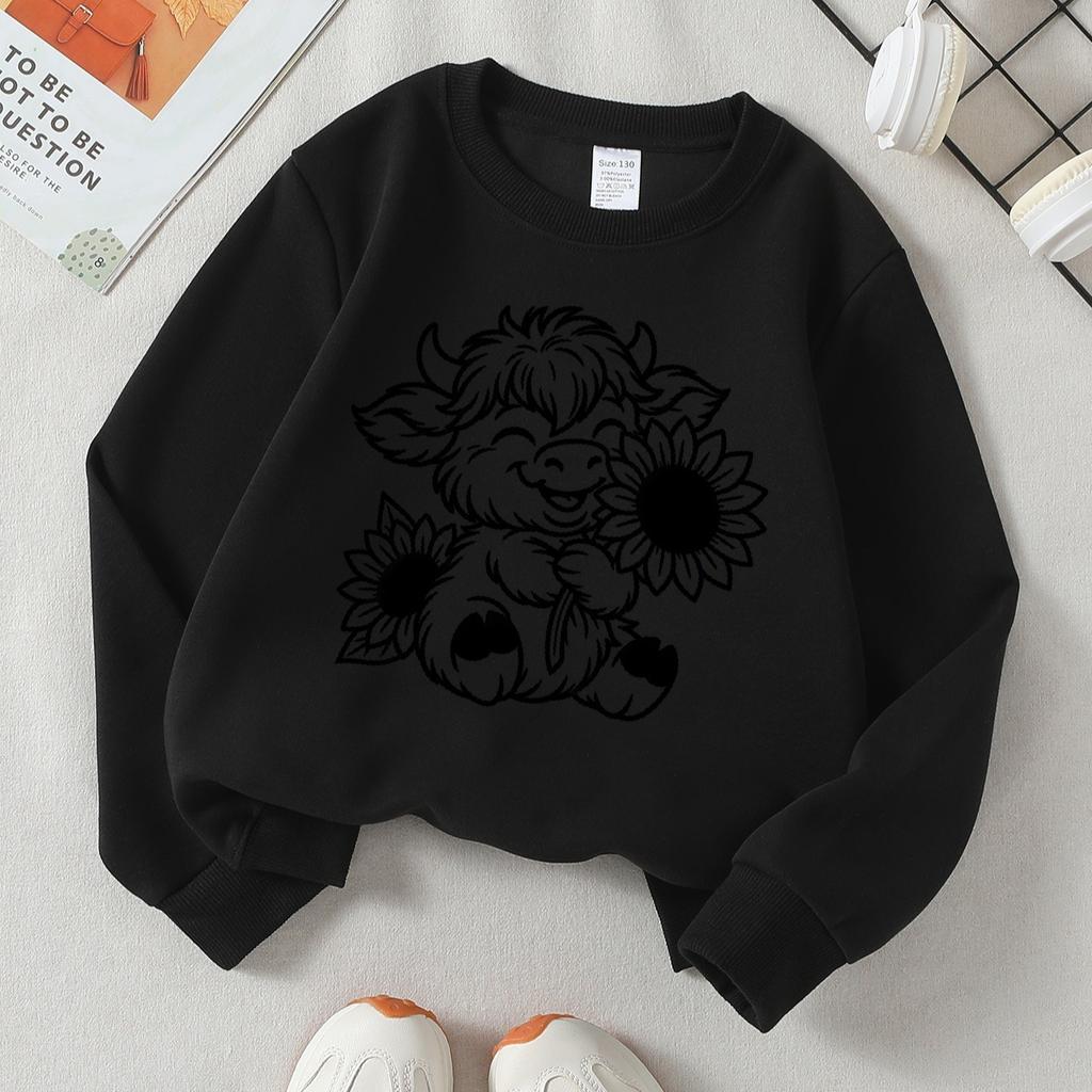 Kids Crew Neck Sweatshirt, Cute Bull with Sunflowers Print, Soft Cozy Pullover for Autumn & Winter