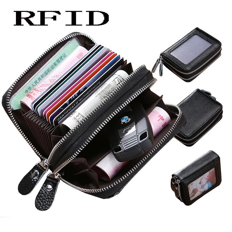 RFID Cowhide Leather Card Holder & Coin Purse with Double Zipper