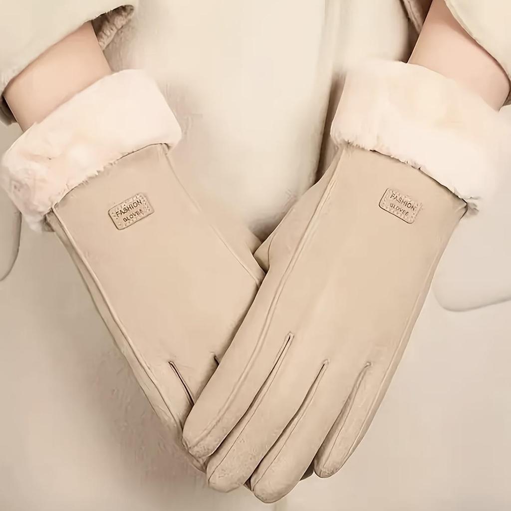 Comfortable Beige Touchscreen Gloves with Plush Lining - Providing Thick and Warm Winter Protection for Outdoor Leisure