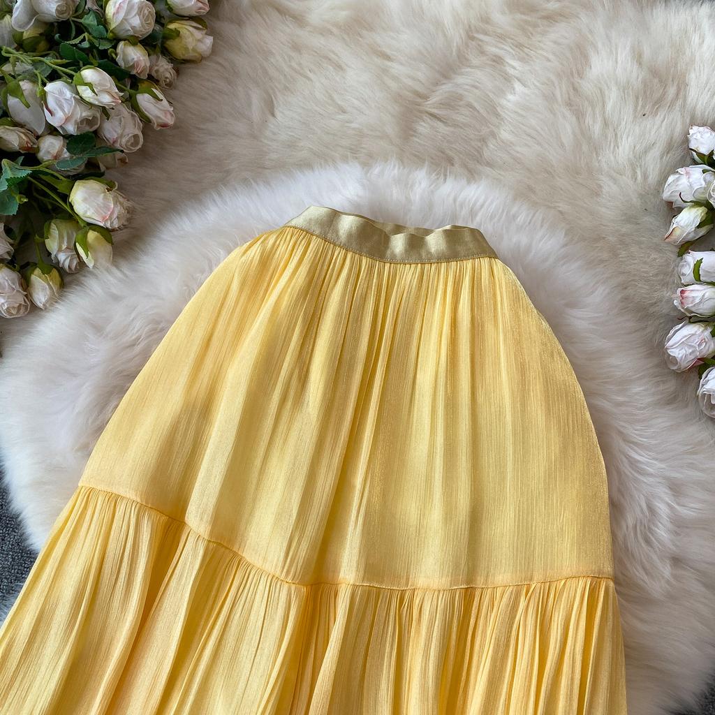 Sommer Herbst Neu Einfarbig Rüschen Patchwork Chiffon Fließender Rock für Damen Hoher Bund Vielseitiger Midi Rock für Damen