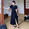 New Chinese-style Retro National Style Dress for Women's New Summer Waist and Thin Design Sense Split-ended Small Black Skirt