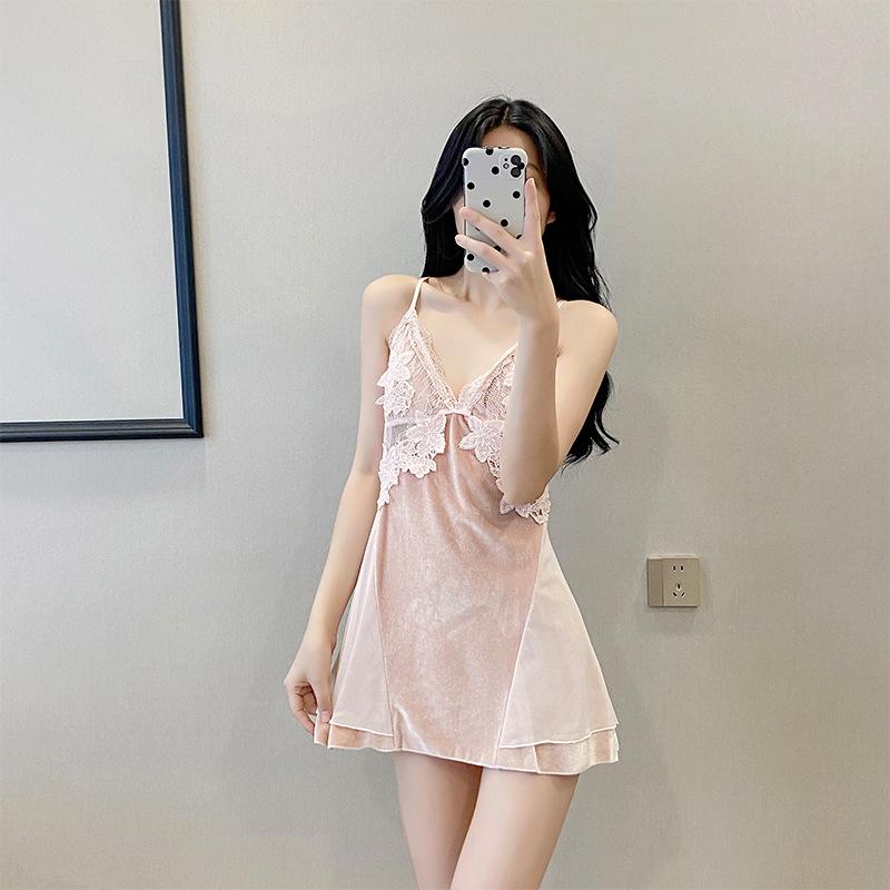 Summer deep V backless pure desire suspender skirt robe set, golden velvet soft loungewear skin-friendly sexy pajamas