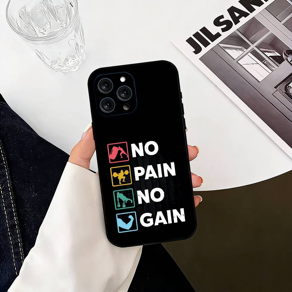 No Pain No Gain Gym Phone Case For iPhone 17,16,15,14,13,12,11 Plus,Pro Max,XS,Soft Silicone Black Cover
