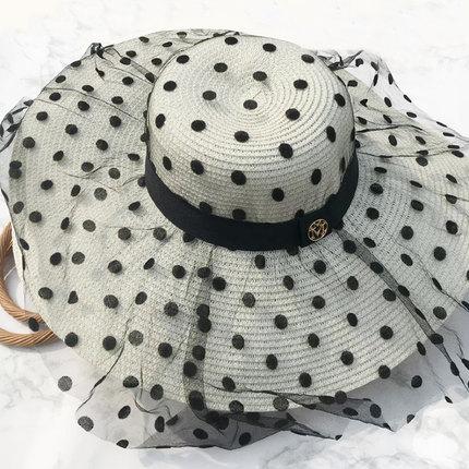 Women's Floppy Straw Hat Wide Brim Polka Dot Lace Sheer Beach Sun Hat Summer