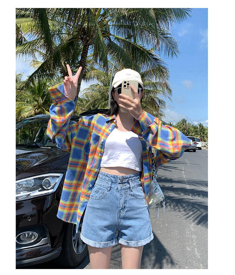 Women's High Waist A-Line Denim Shorts - Summer Straight Leg, Double Button, Loose Fit with Rolled Hem, Trendy Wide Leg Design
