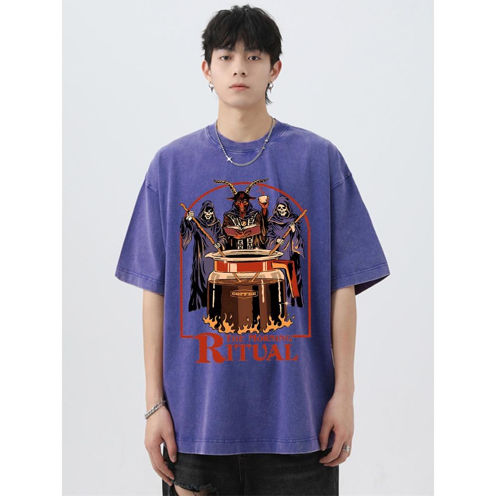 The Morning Ritual Coffee Funny Washed Retro Men T Shirts Summer Cotton T-Shirts Breathable Loose Clothes