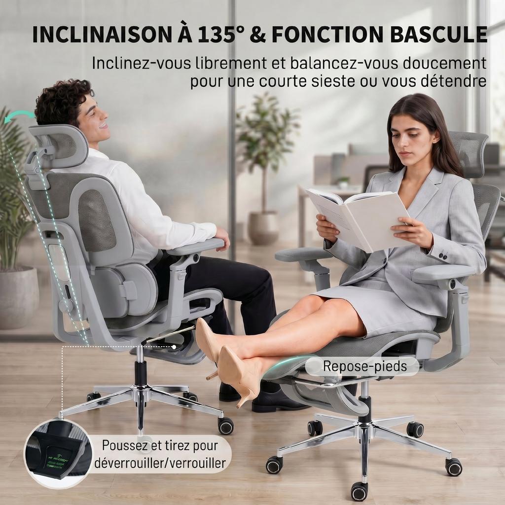 Office Chair, Ergonomic, 6D Armrests, Adjustable Headrest and Seat Depth, Grey Mesh