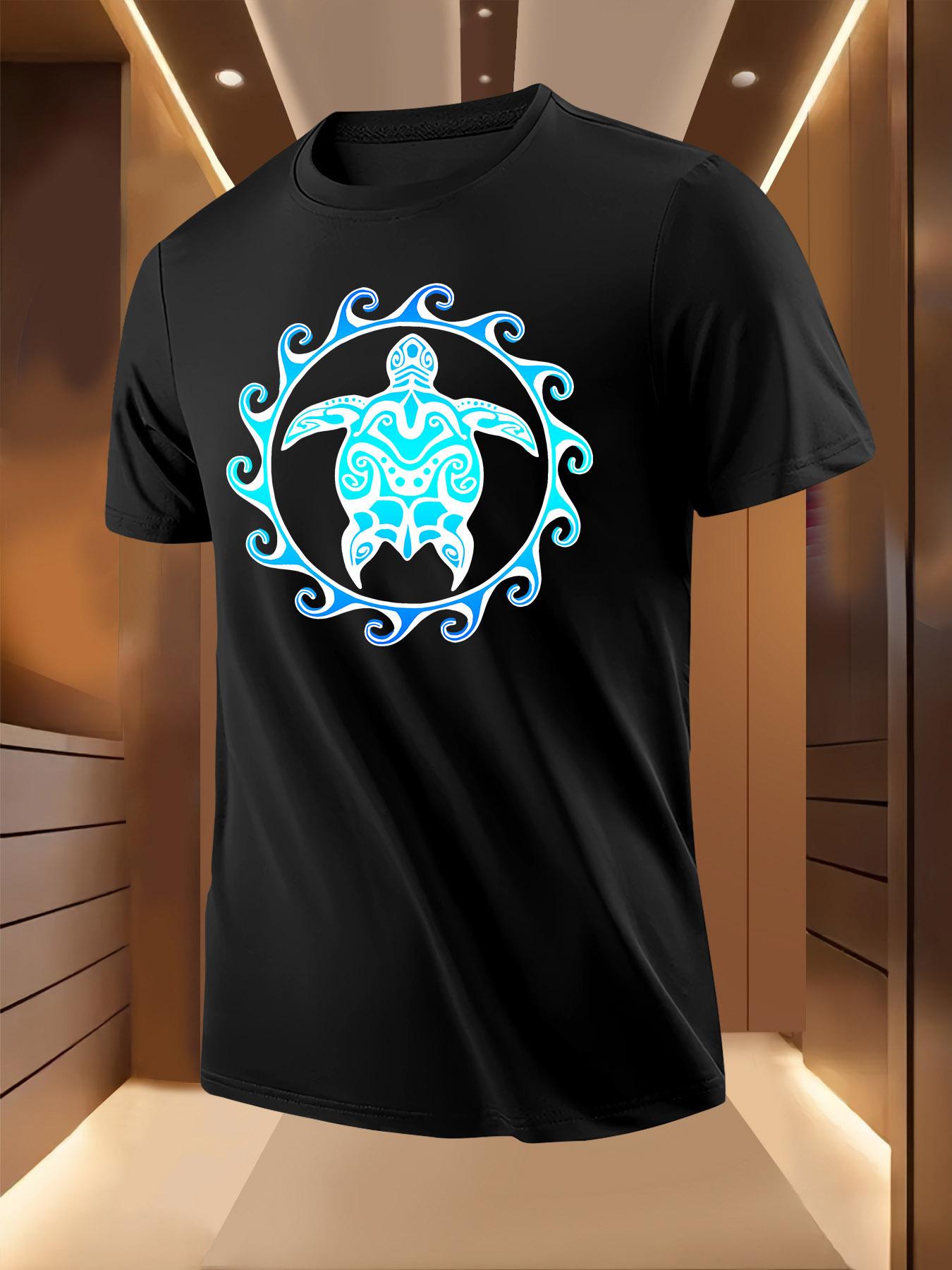 Black Tshirt with Blue Sea Turtle Tribal Print - Breathab... S