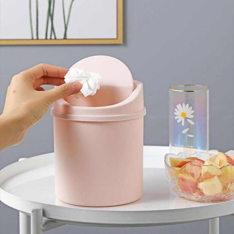 1pc Space-Saving Mini Desktop Trash Can with Lid - Polypropylene Cylindrical Tabletop Waste Bin, Easy To Clean Screw-Off Cap