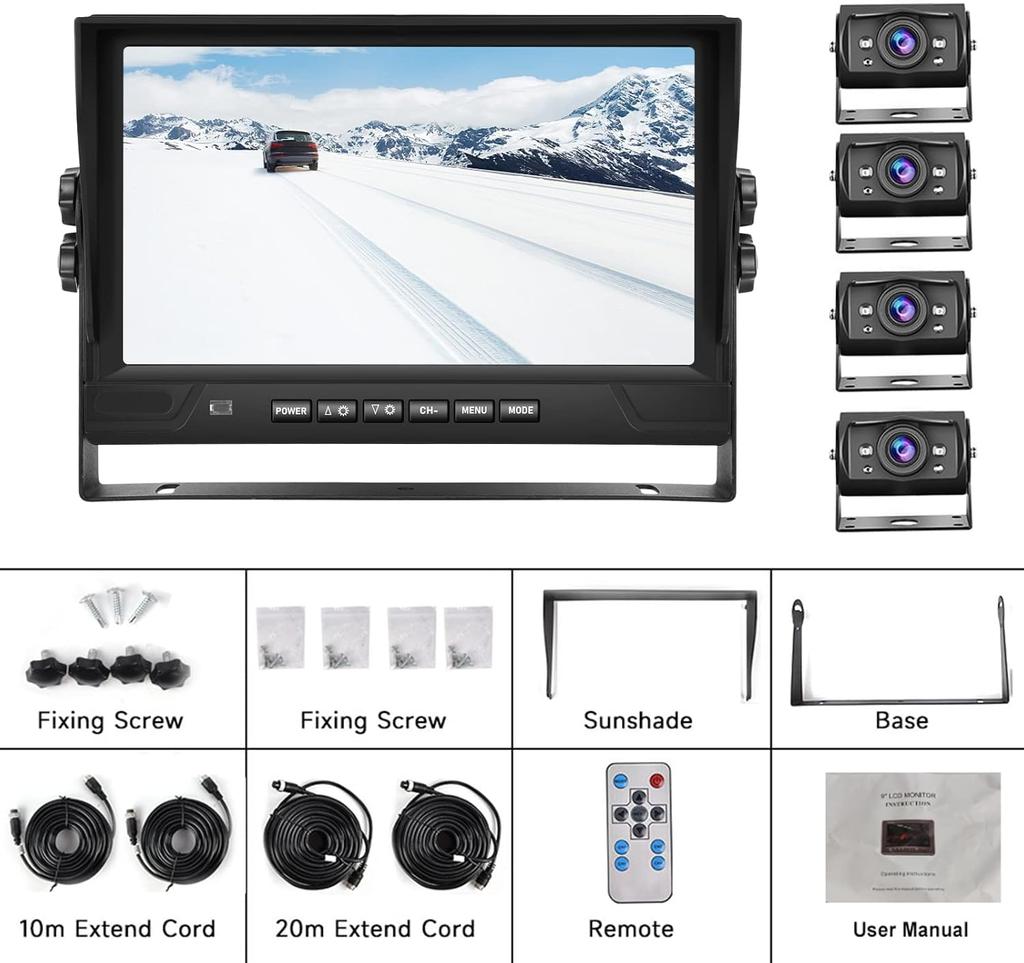 Auometo Truck Dashcam with 1080P Split Recording DVR IP68 Night Vision Set for 9-inch Resolution, 4-Screen On-Dash Monitor, Function, Wide-Angle Lens,