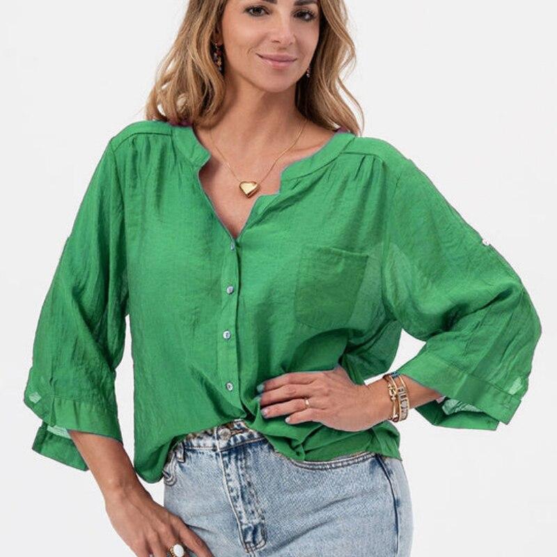 

Сплошной цвет, топы с полуоткрытым воротником, весна-лето, повседневная рубашка, женская блузка с рукавами три четверти, свободная одежда Blusas 27966 XXL зелёный/изумрудный