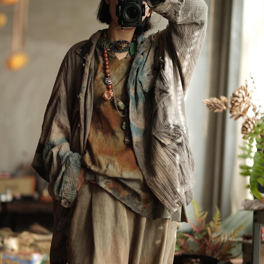 Ancient Falling Mud Light Retro Lapel Cotton-Linen Jacket with Pockets, Plant-Dyed Ash Tone