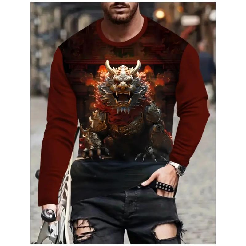 Round Neck 3D Dragon Print T-shirts Casual Short Sleeved Men's T-shirts - Soft Medium Stretch Polyester Fabric Spring and Autumn Relaxed Fit Clothing
