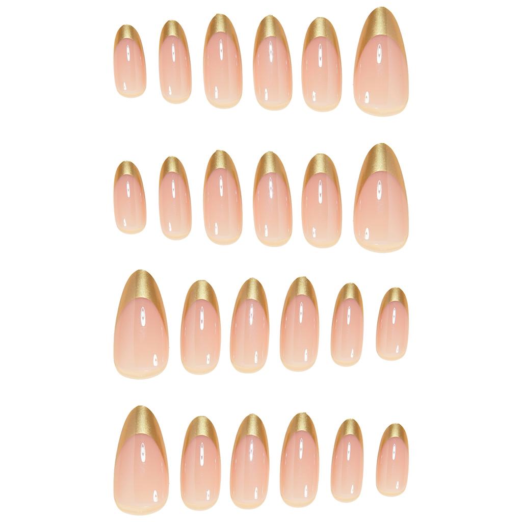 24PCS Fake Nails with Gold French Tip Glossy Finish for Women Fashion Parties Weddings