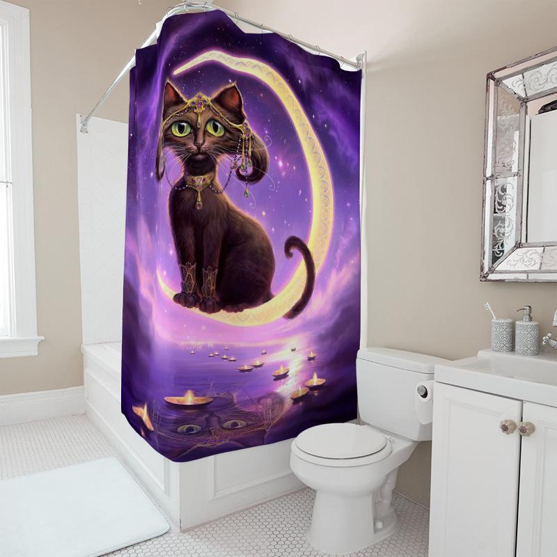 Magical Moonlit Cat Shower Curtain Purple Yellow Lighting Design With Candle Reflections For Bathroom Decorations.