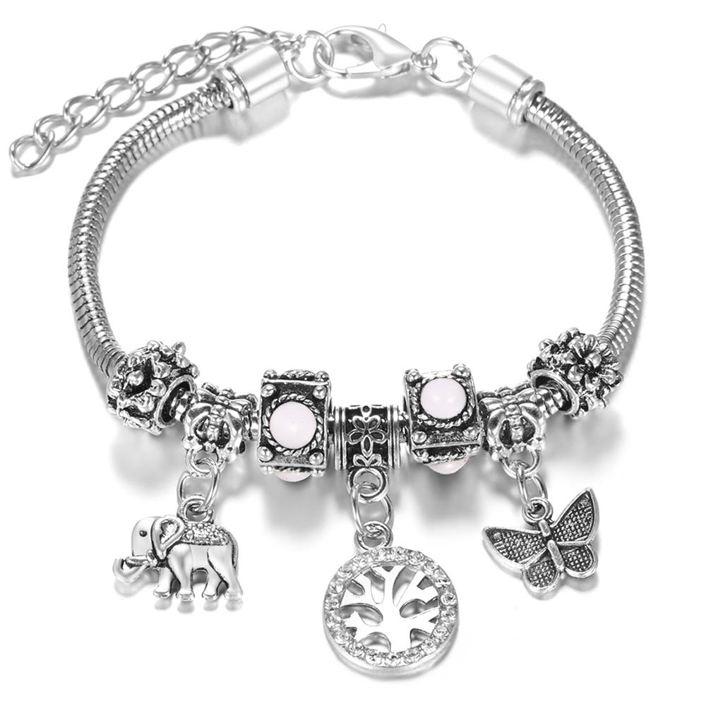 Multi Style Rhinestone 6 Color Beaded Bangle Lobster Buckle Adjustable Snake Chain Elephant Bracelet Pendant Woman Jewelry Gift