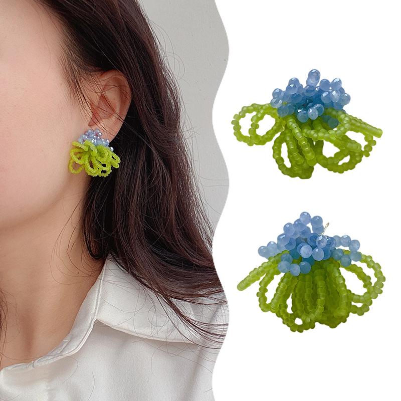 Summer Colorful Fringed Flowers Earring Temperament Elegant Personality Beaded Stud Earrings For Women Jewelry Gift
