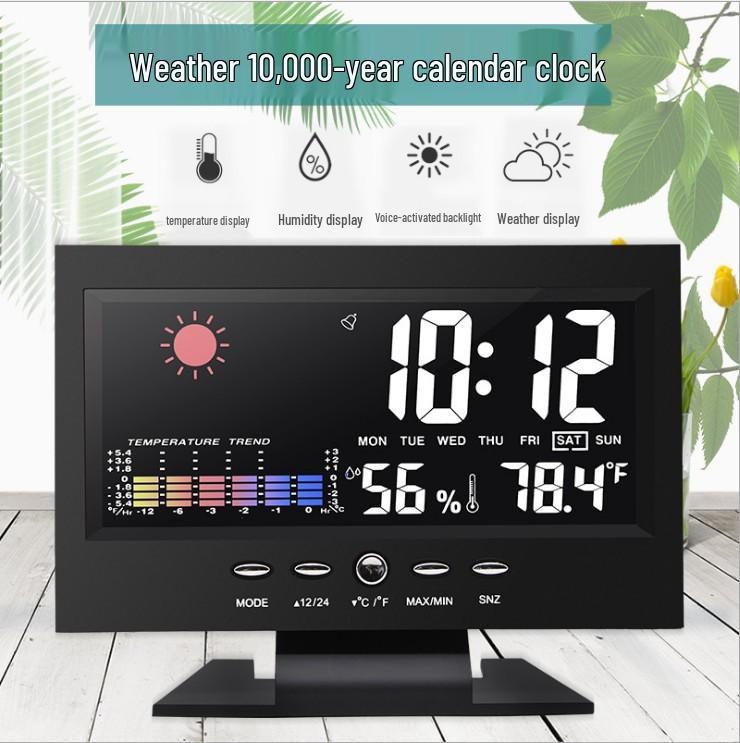 

8082T Умные светодиодные часы с погодой, с цветным дисплеем, будильником с голосовым управлением, вечным календарем, температурой и влажностью. White